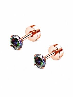 Rainbow CZ Flat Back Stud Earrings Rose Gold Cartilage Earrings 20G 4mm